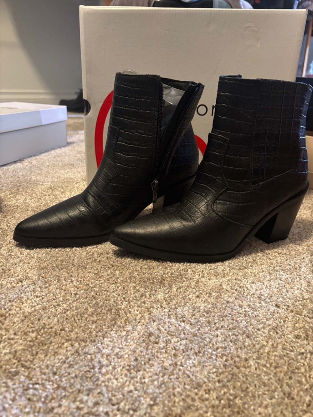 Black Croc-Embossed Pointed Toe Ankle Boots - Women